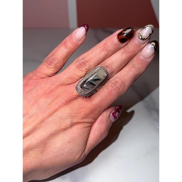Large Tourmaline & Quartz Sterling Silver Ring: Size 7 - Picture 2 of 9